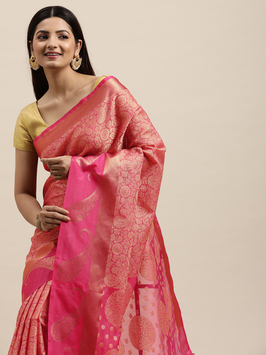 

MOHEY Pink Ethnic Motifs Art Silk Saree