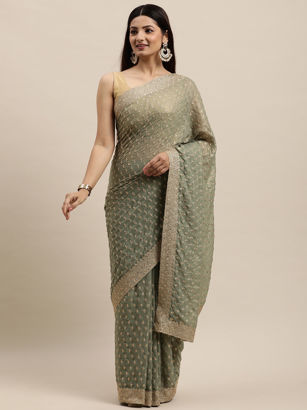 

MOHEY Green Ethnic Motifs Pure Georgette Saree