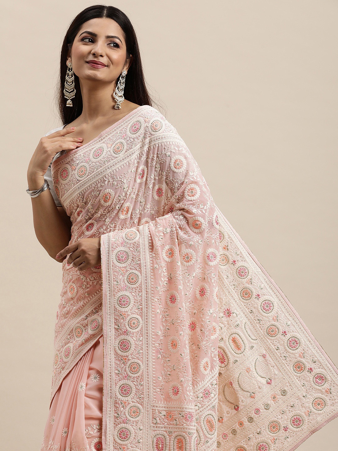 

MOHEY Peach-Coloured Ethnic Motifs Pure Georgette Saree