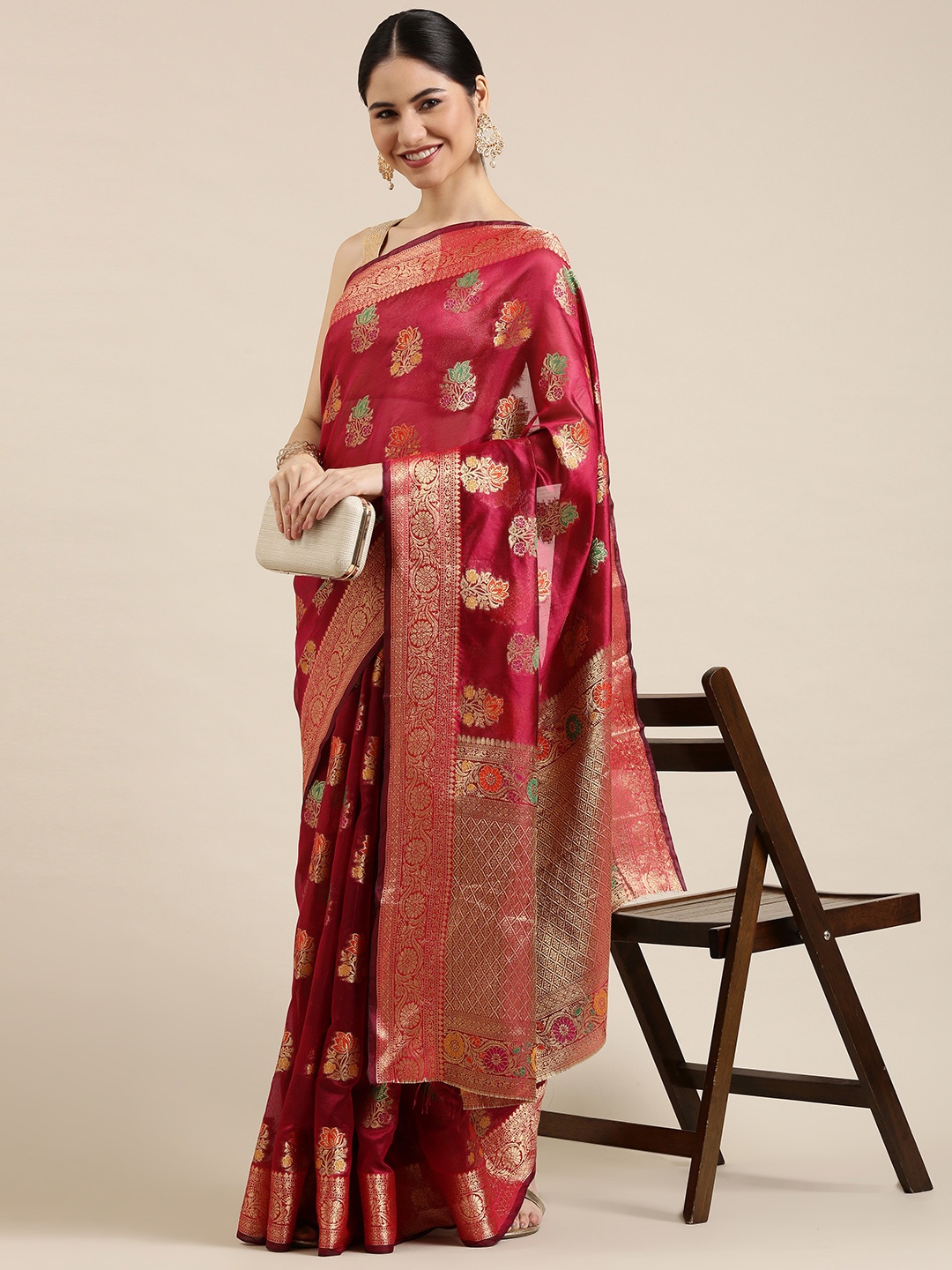 

Mitera Maroon & Golden Ethnic Motifs Zari Kanjeevaram Saree