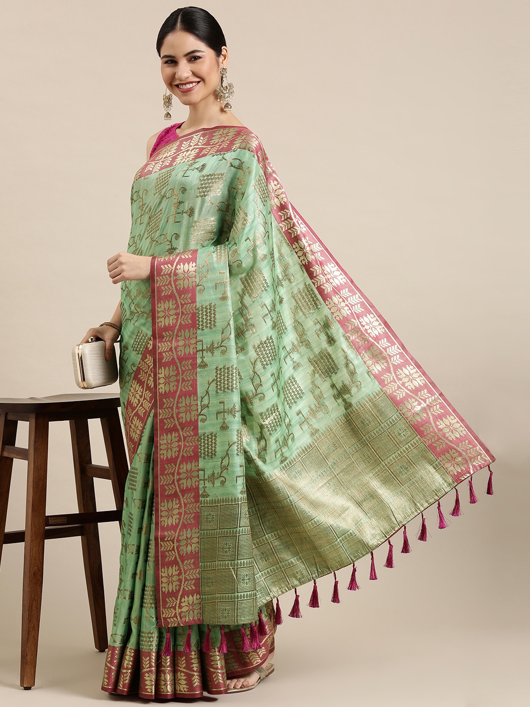 

Mitera Mint Green & Golden Ethnic Motifs Zari Katan Silk Kanjeevaram Saree