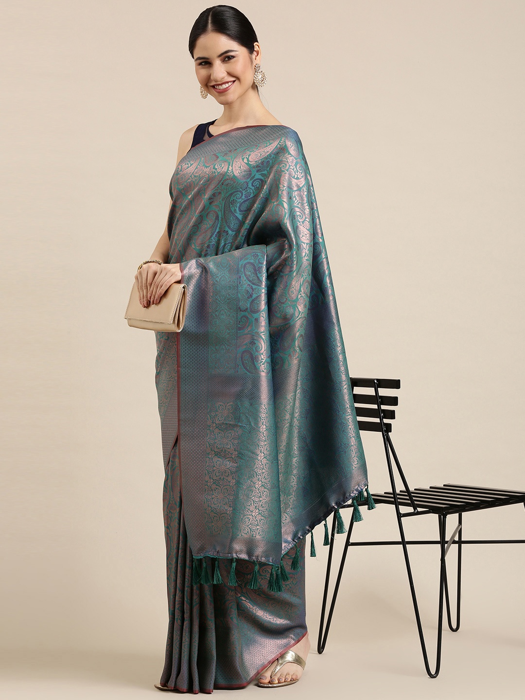 

Mitera Green Paisley Zari Silk Blend Kanjeevaram Saree