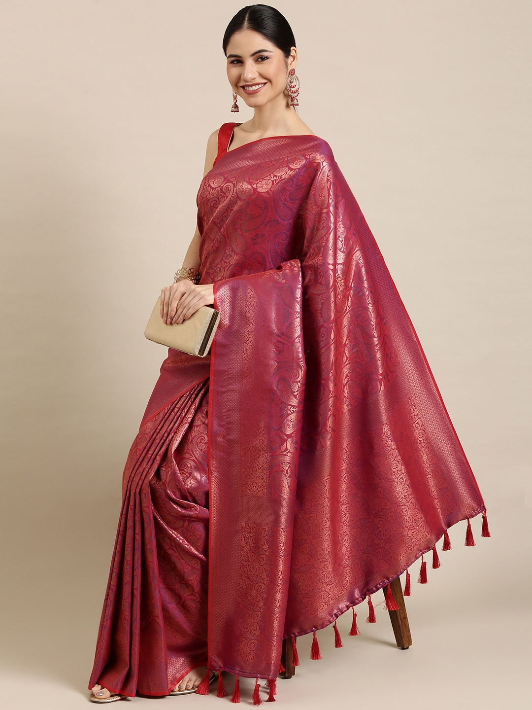 

Mitera Maroon Paisley Zari Silk Blend Kanjeevaram Saree