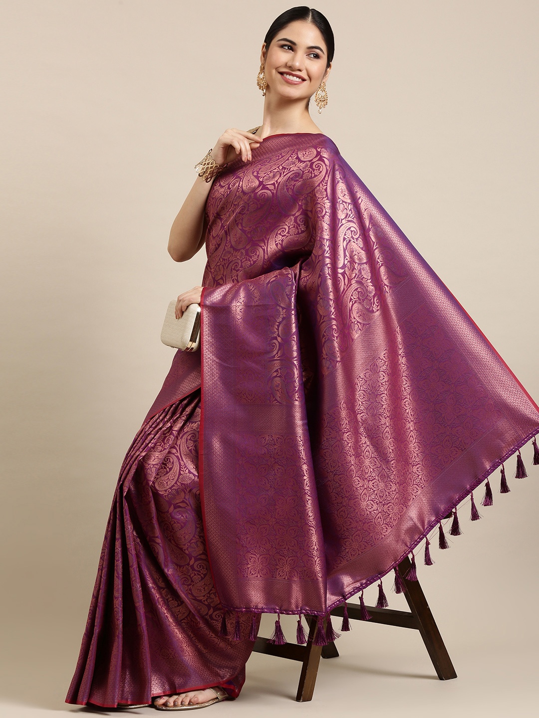

Mitera Violet & Gold-Toned Paisley Zari Silk Blend Kanjeevaram Saree