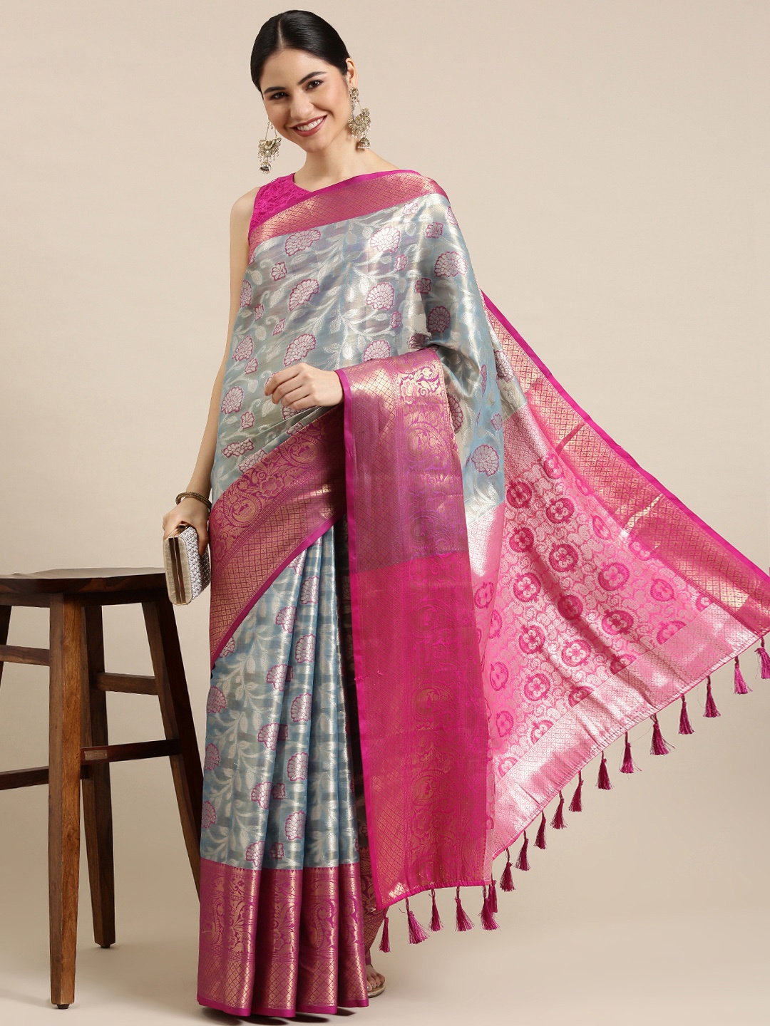 

Mitera Blue & Pink Ethnic Motifs Zari Silk Blend Kanjeevaram Saree