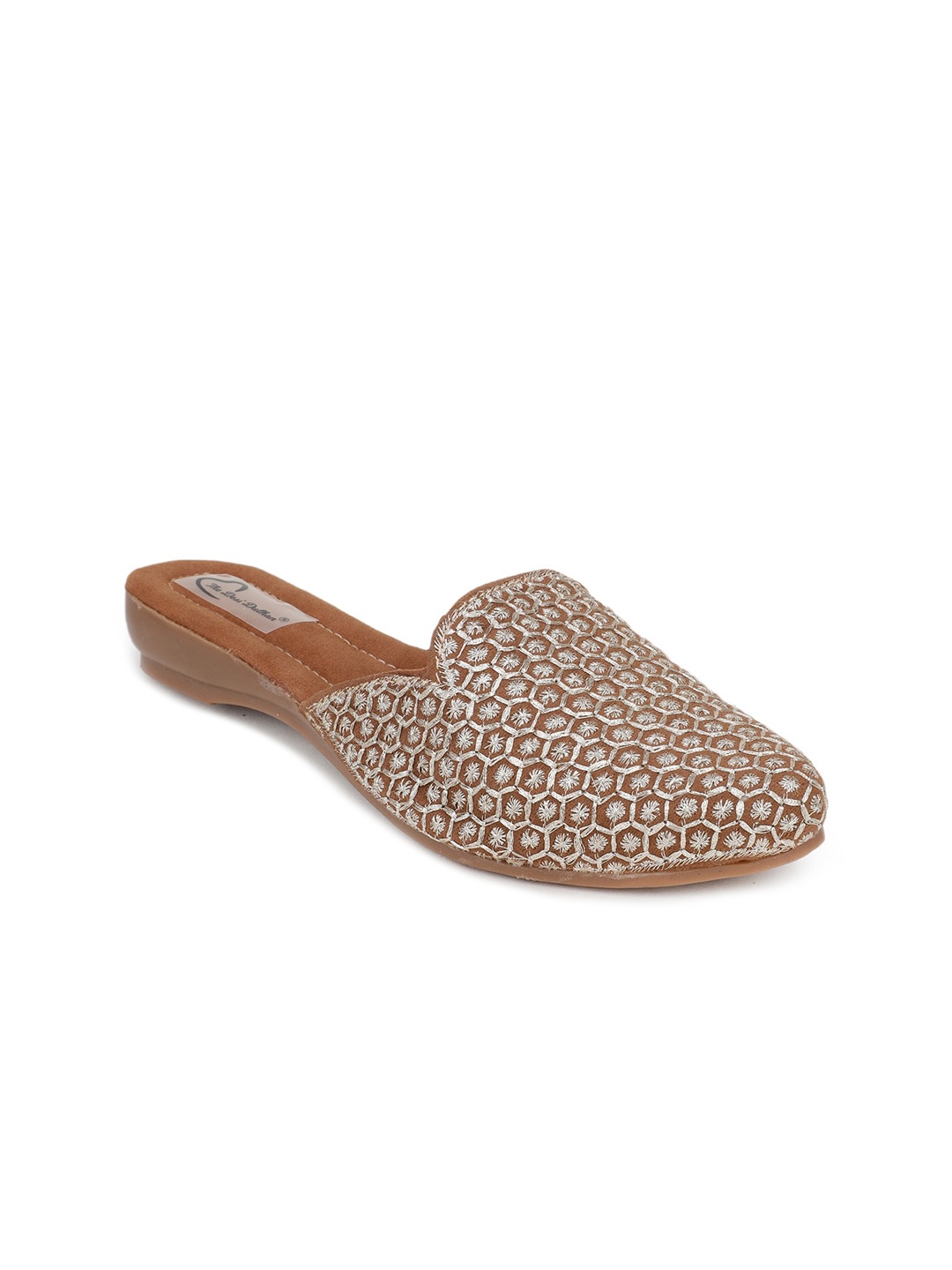 

The Desi Dulhan Women Tan Coloured & Silver-Toned Embroidery Leather Mules Flats