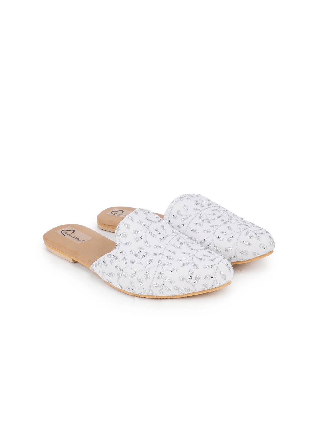 

The Desi Dulhan Women White Coloured & Silver-Toned Embroidery Handcrafted Mules Flats