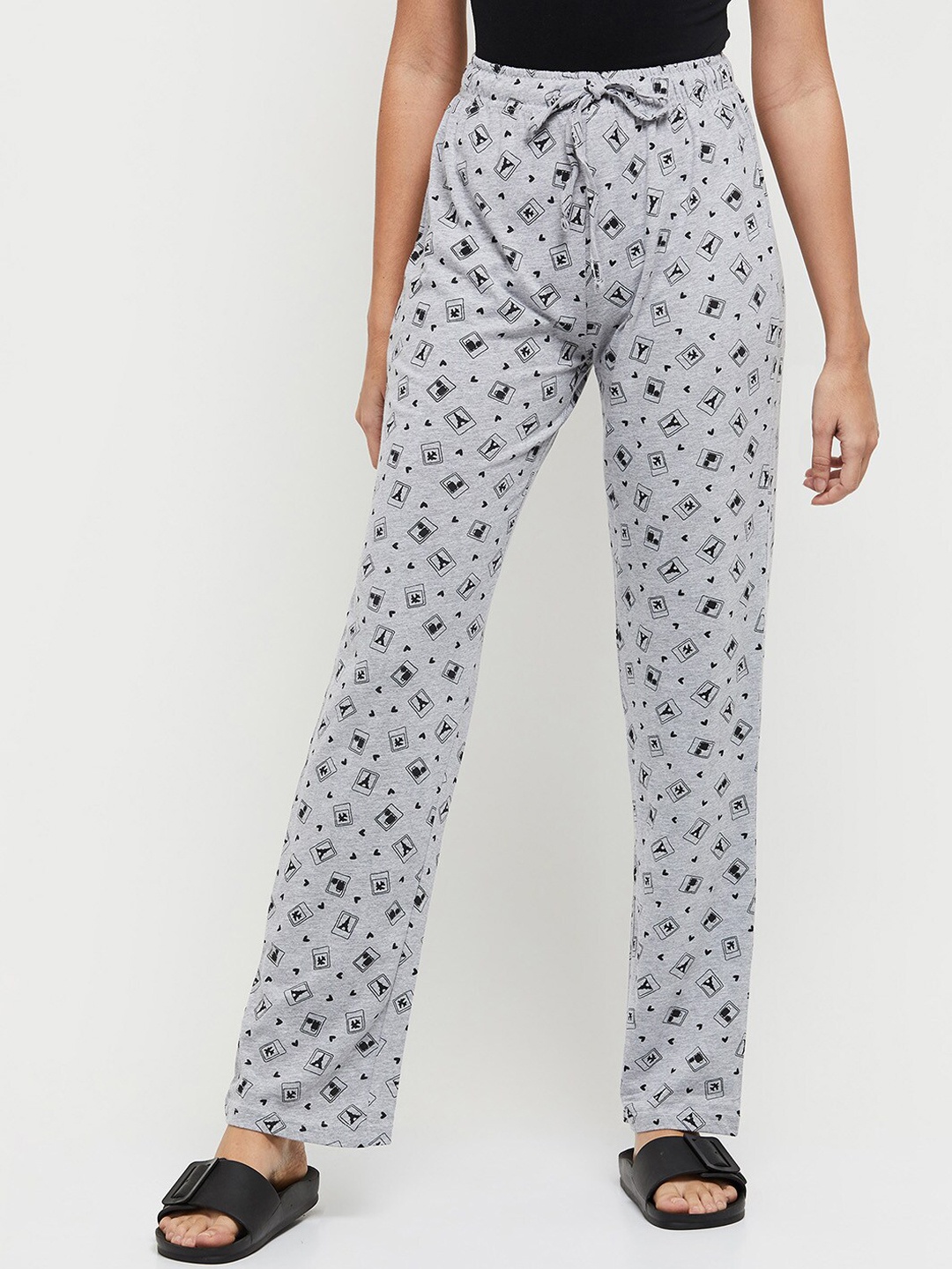 

max Women Grey Melange & Black Printed Cotton Lounge Pants