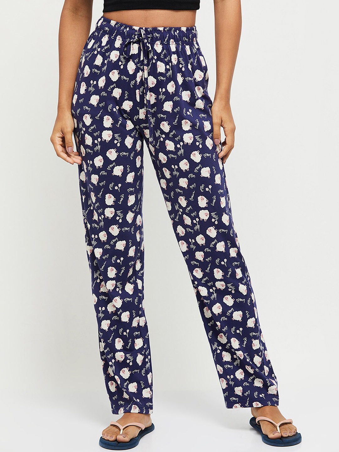 

max Women Navy Blue & White Printed Cotton Lounge Pants