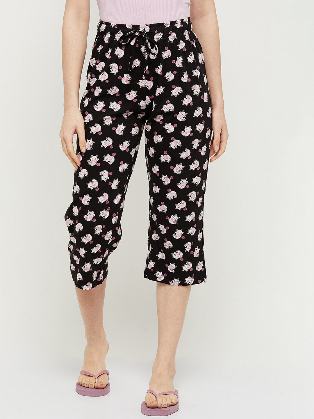 

max Women Printed Pure Cotton Lounge Capris, Black