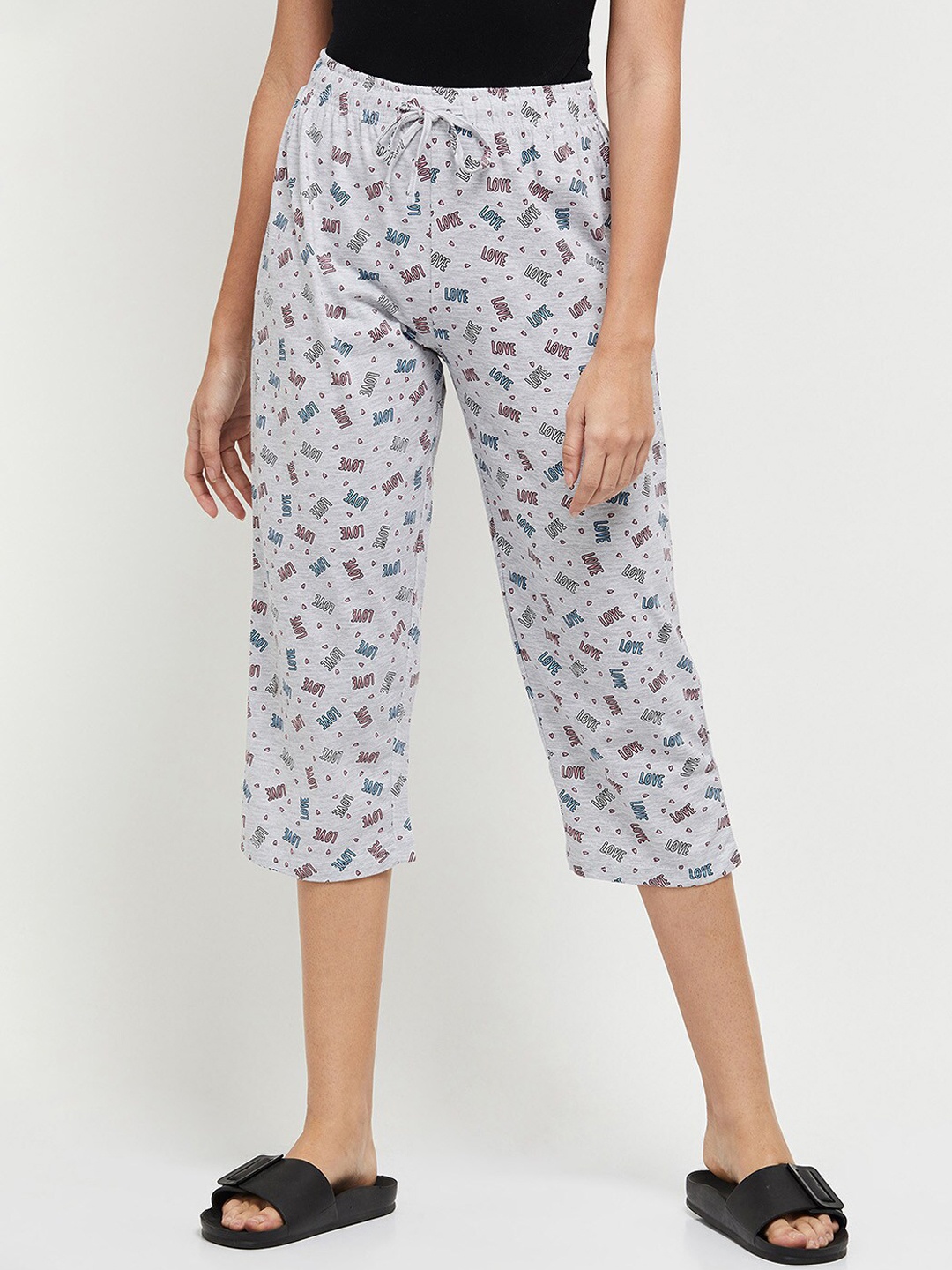 

max Women Grey Melange Printed Cotton Lounge Capris