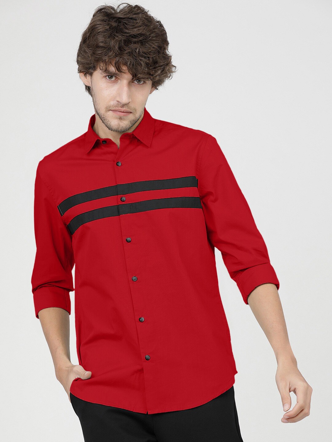 

Zombom Men Red Standard Horizontal Striped Casual Shirt