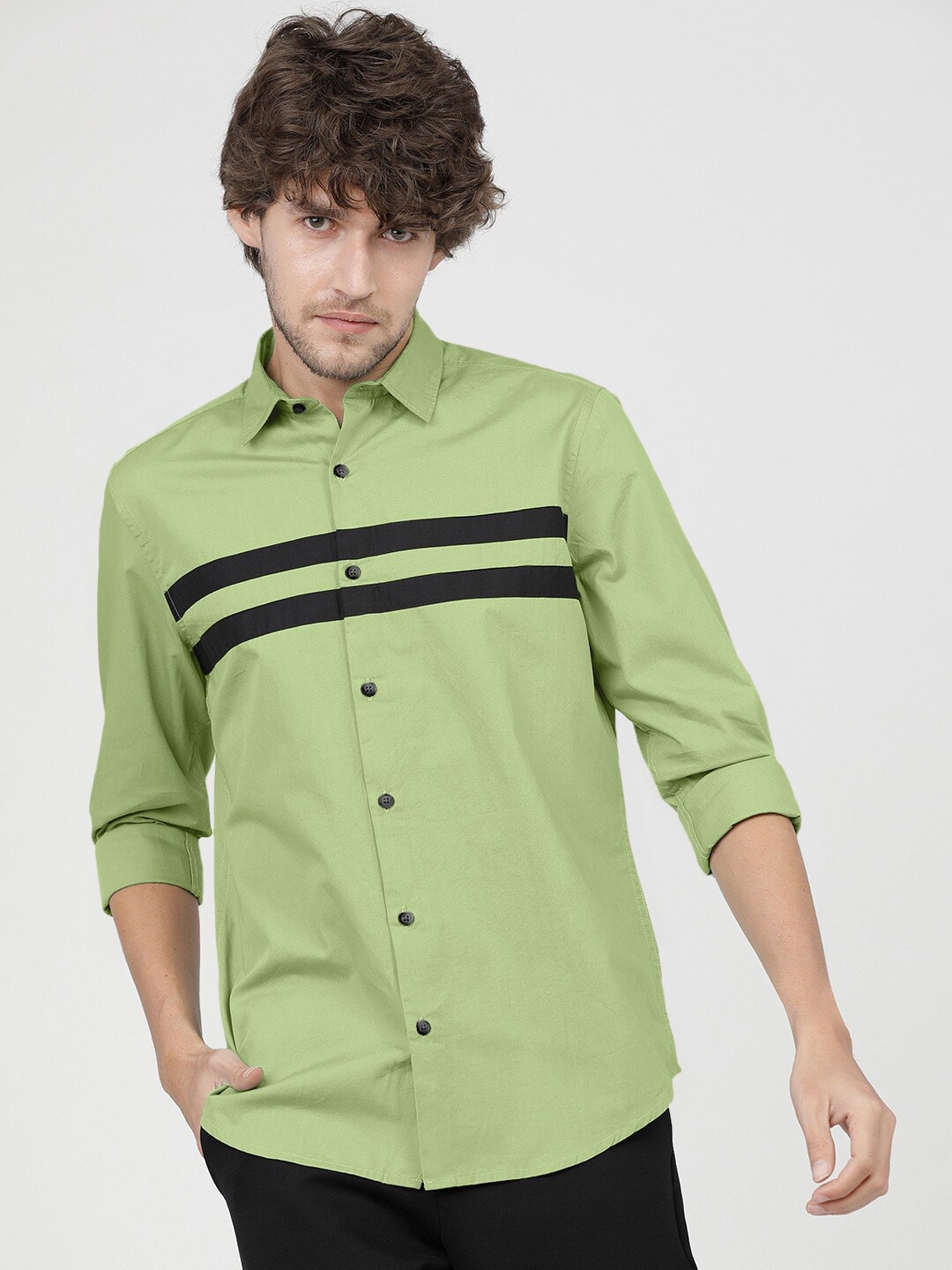 

Zombom Men Lime Green Standard Horizontal Stripes Striped Casual Shirt