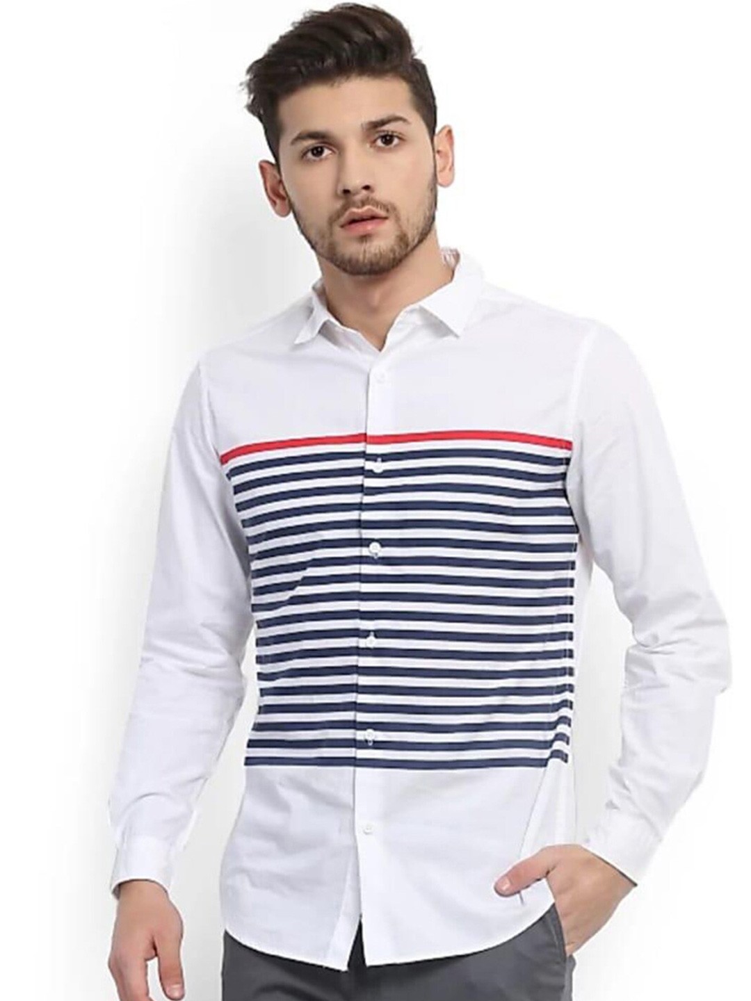 

Zombom Men White Standard Horizontal Stripes Striped Casual Shirt