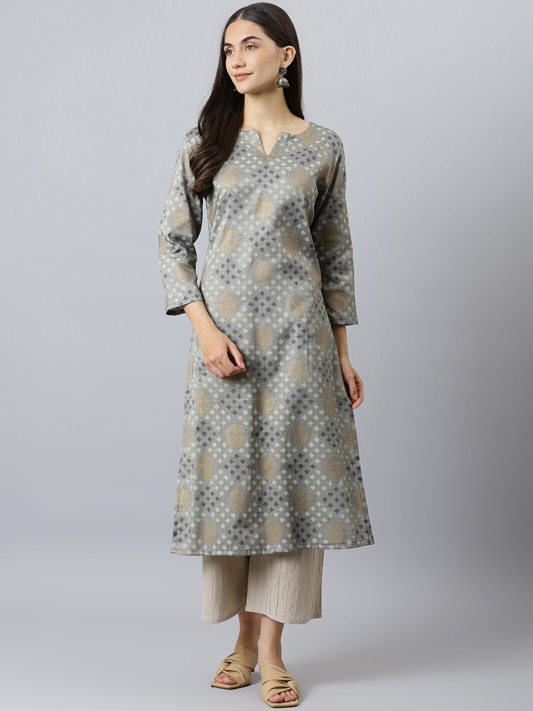

Lagashi Women Grey Geometric Printed Kurta