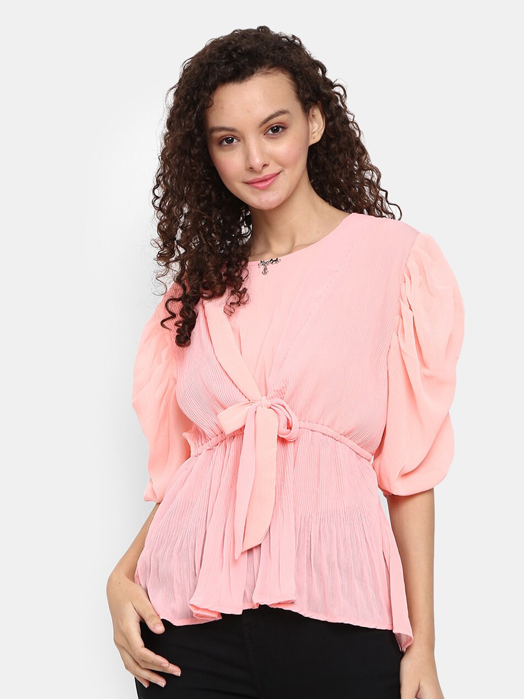 

V-Mart Peach-Coloured Peplum Tie-Up Top