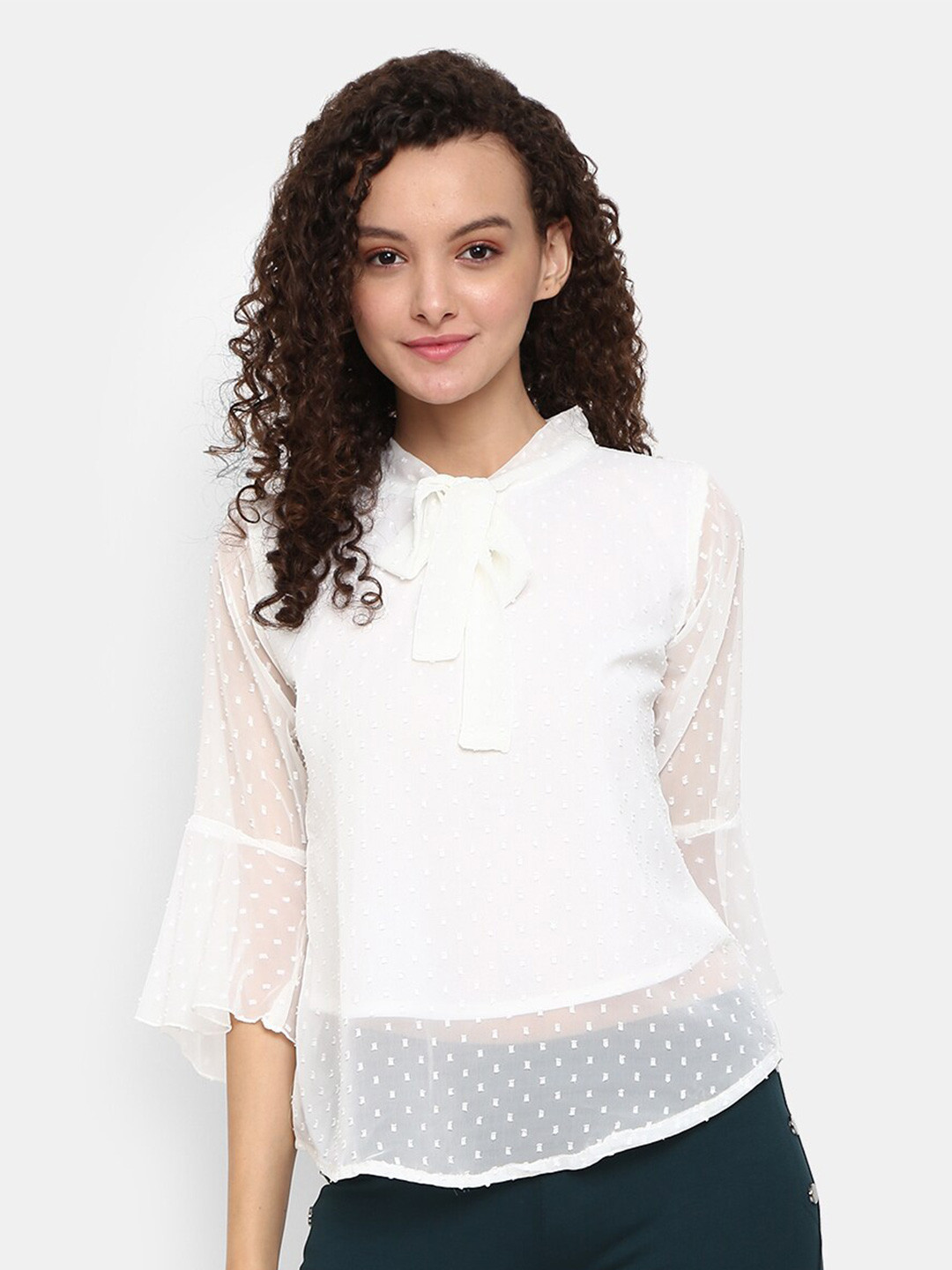 

V-Mart Women Off White Tie-Up Neck Top
