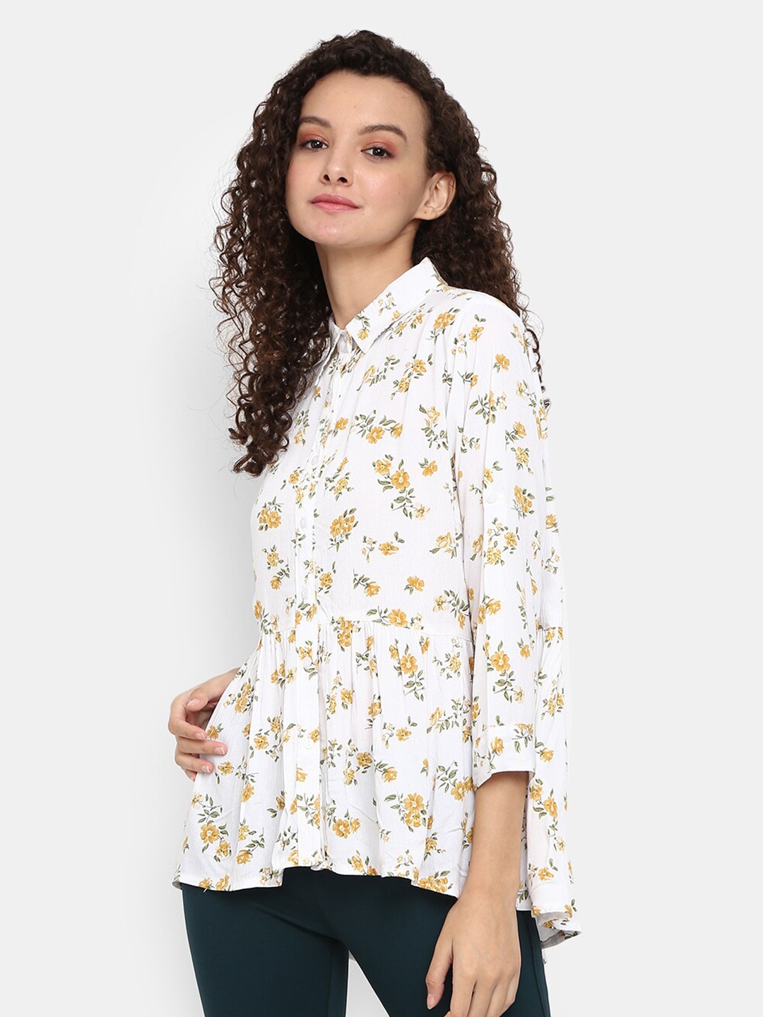 

V-Mart Off White & Yellow Floral Print Shirt Style Top