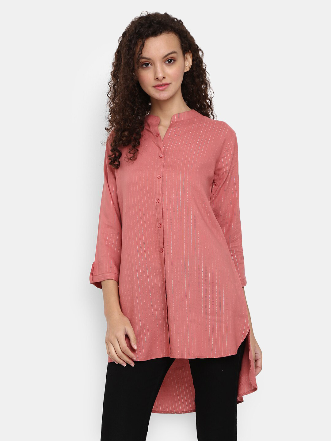 

V-Mart Pink Striped Mandarin Collar Roll-Up Sleeves Chiffon High-Low Longline Top