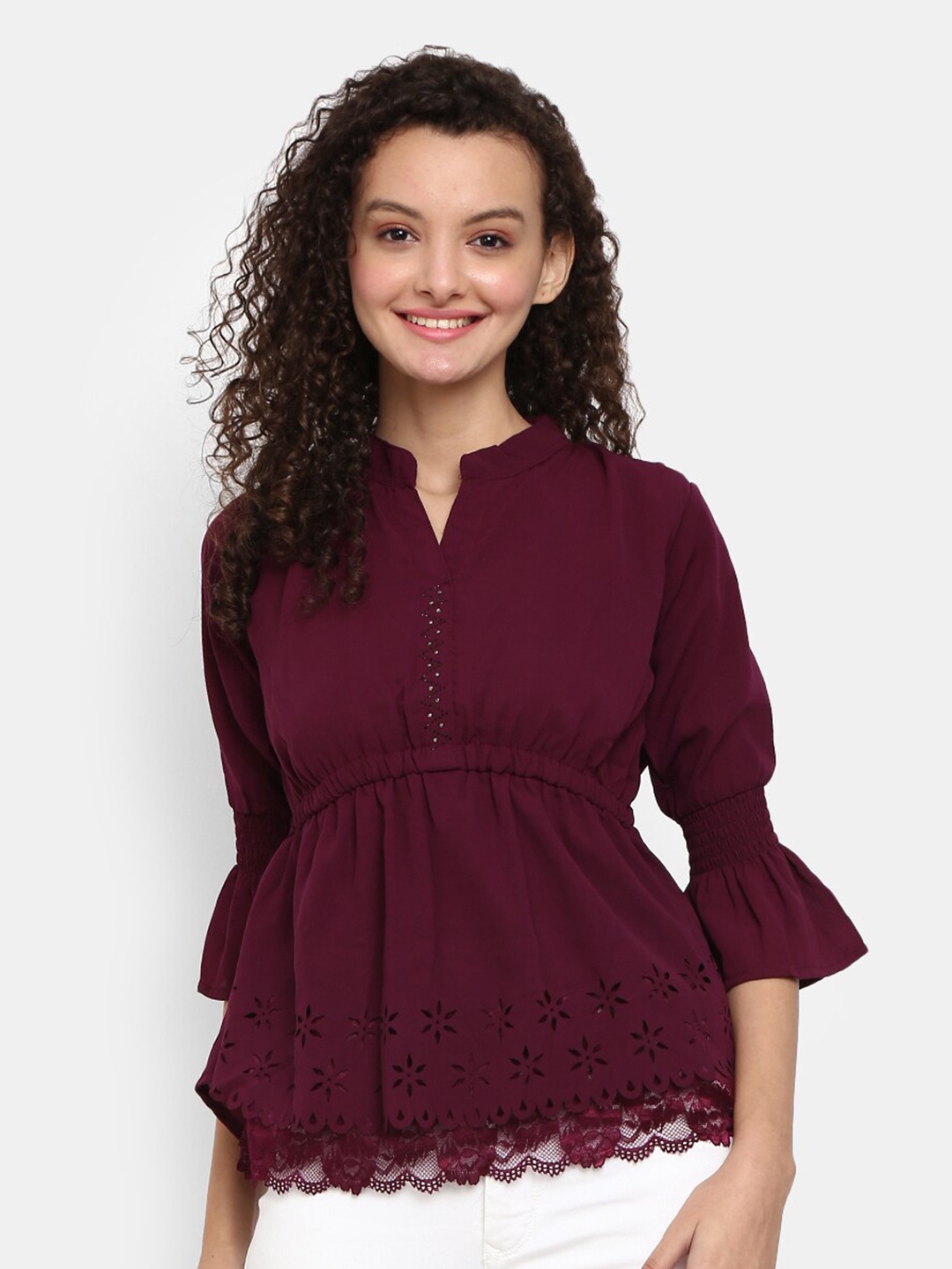 

V-Mart Maroon Mandarin Collar Peplum Top
