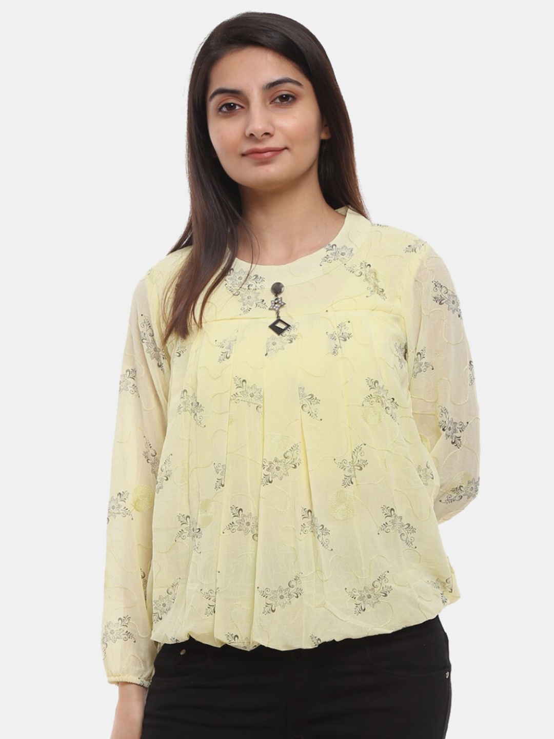 

V-Mart Yellow & Black Floral Print Blouson Top