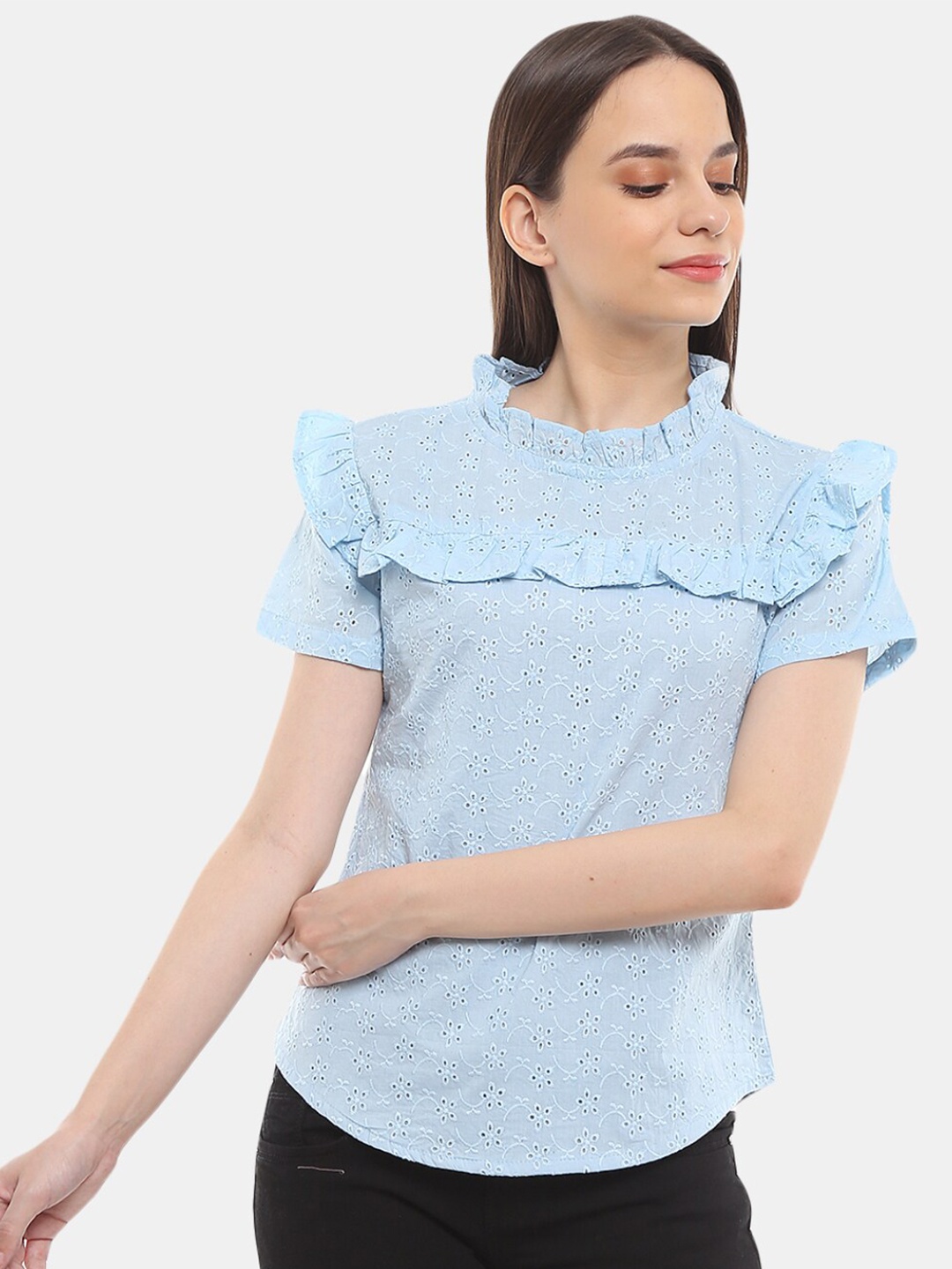 

V-Mart Women Blue Solid Cambric Round Neck Top