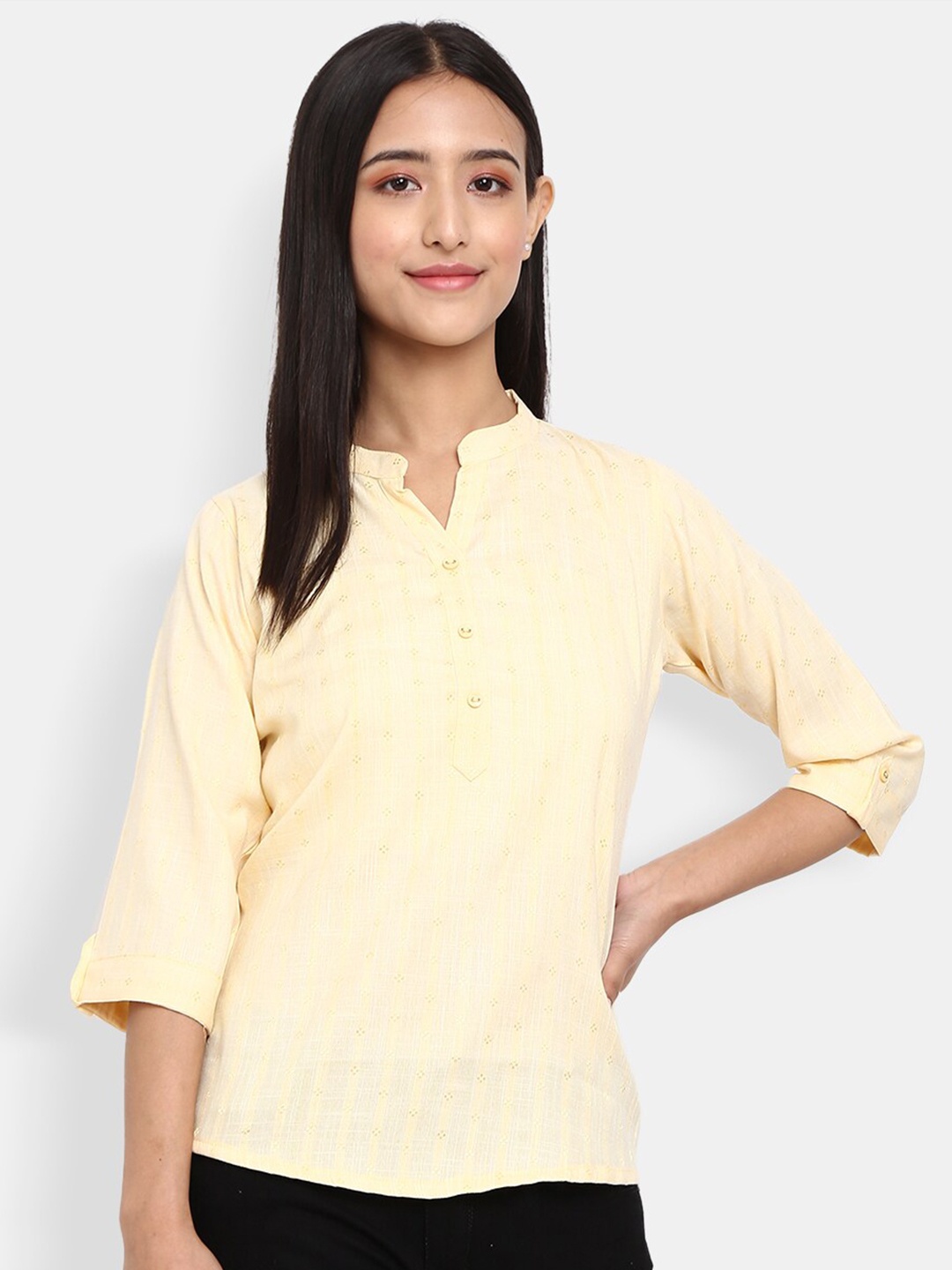 

V-Mart Yellow Print Mandarin Collar Chiffon Top