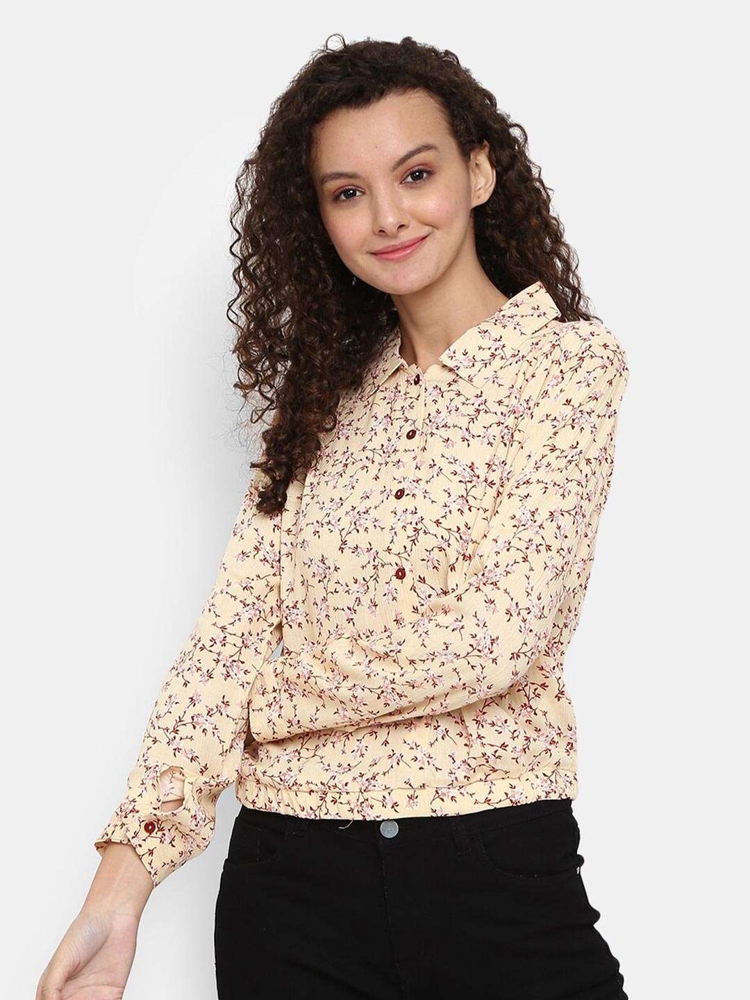 

V-Mart Yellow & Brown Floral Print Shirt Style Top