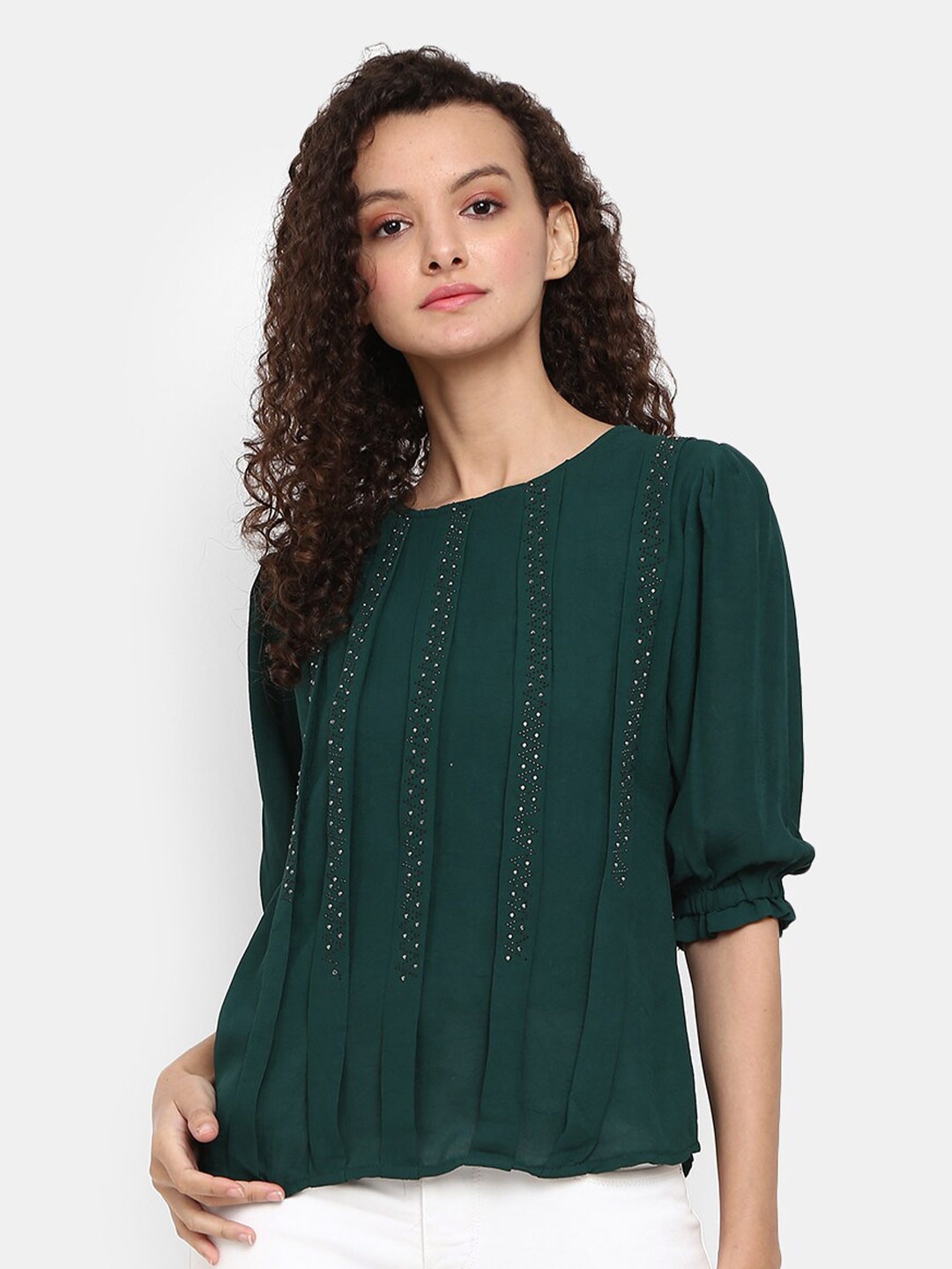 

V-Mart Teal Embellished Western Solid Polyester Round Neck Top