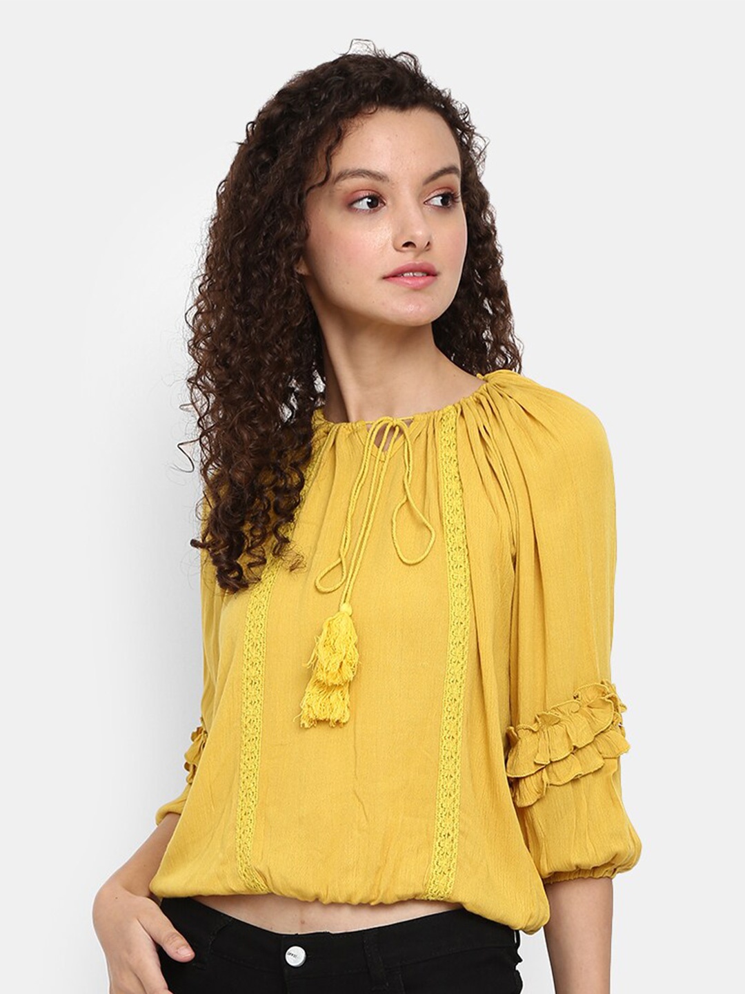 

V-Mart Mustard Yellow Tie-Up Neck Chiffon Crop Top