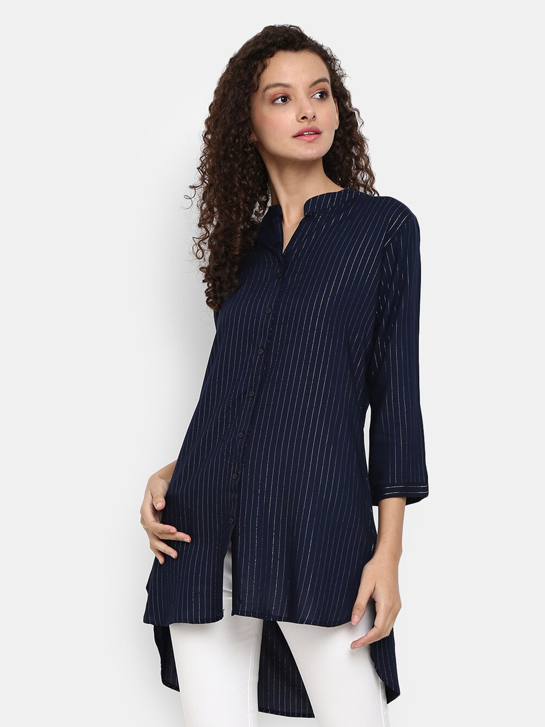 

V-Mart Navy Blue Striped Mandarin Collar Chiffon High-Low Longline Top