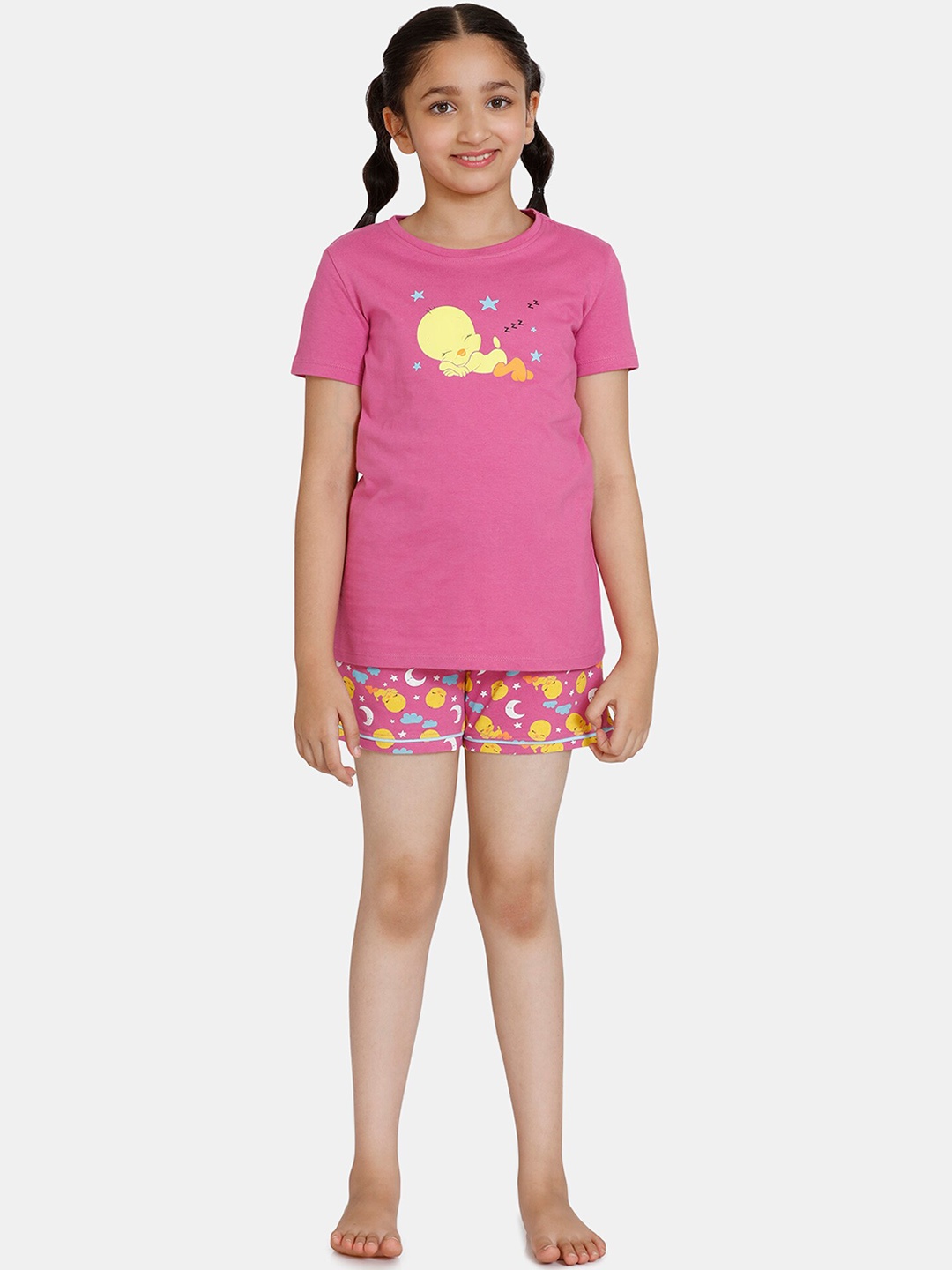 

Zivame Girls Pink & Yellow Printed Night Suit