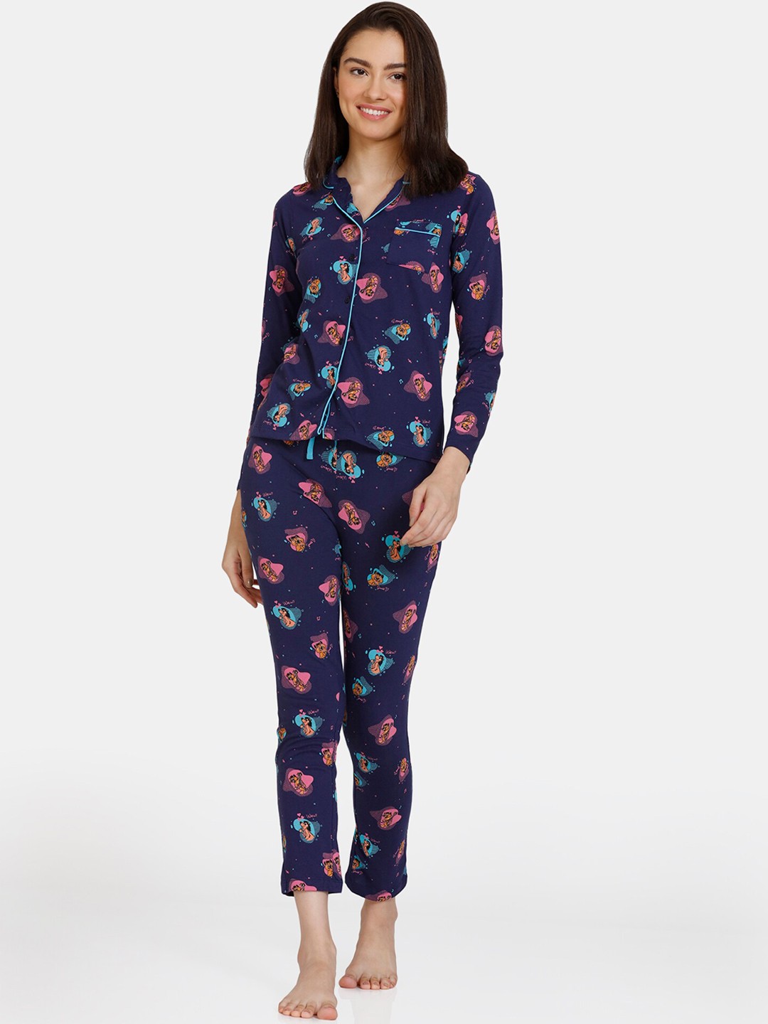 

Zivame Girls Blue & Pink Printed Night Suit