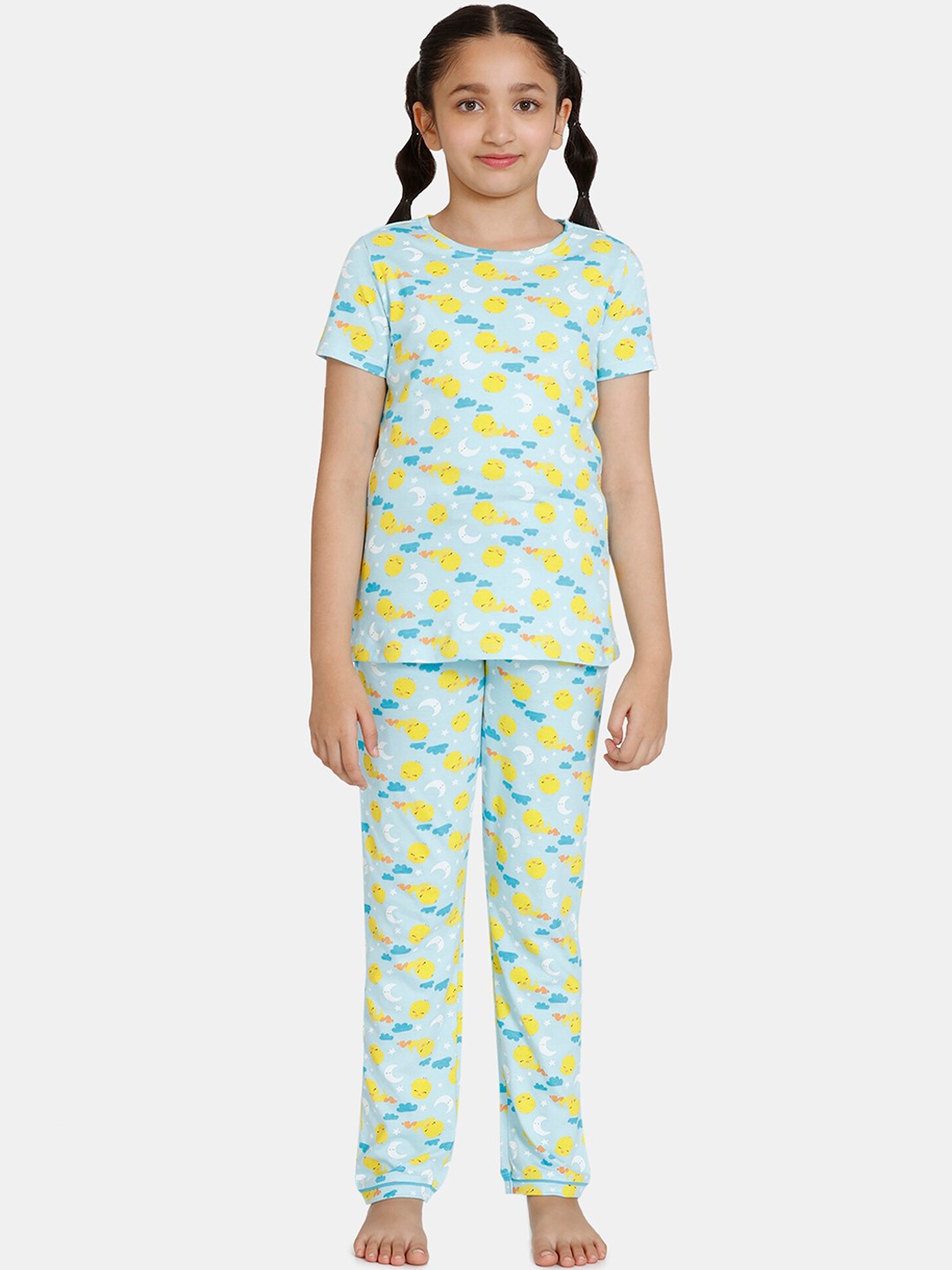 

Zivame Girls Blue & Mustard Printed Night Suit