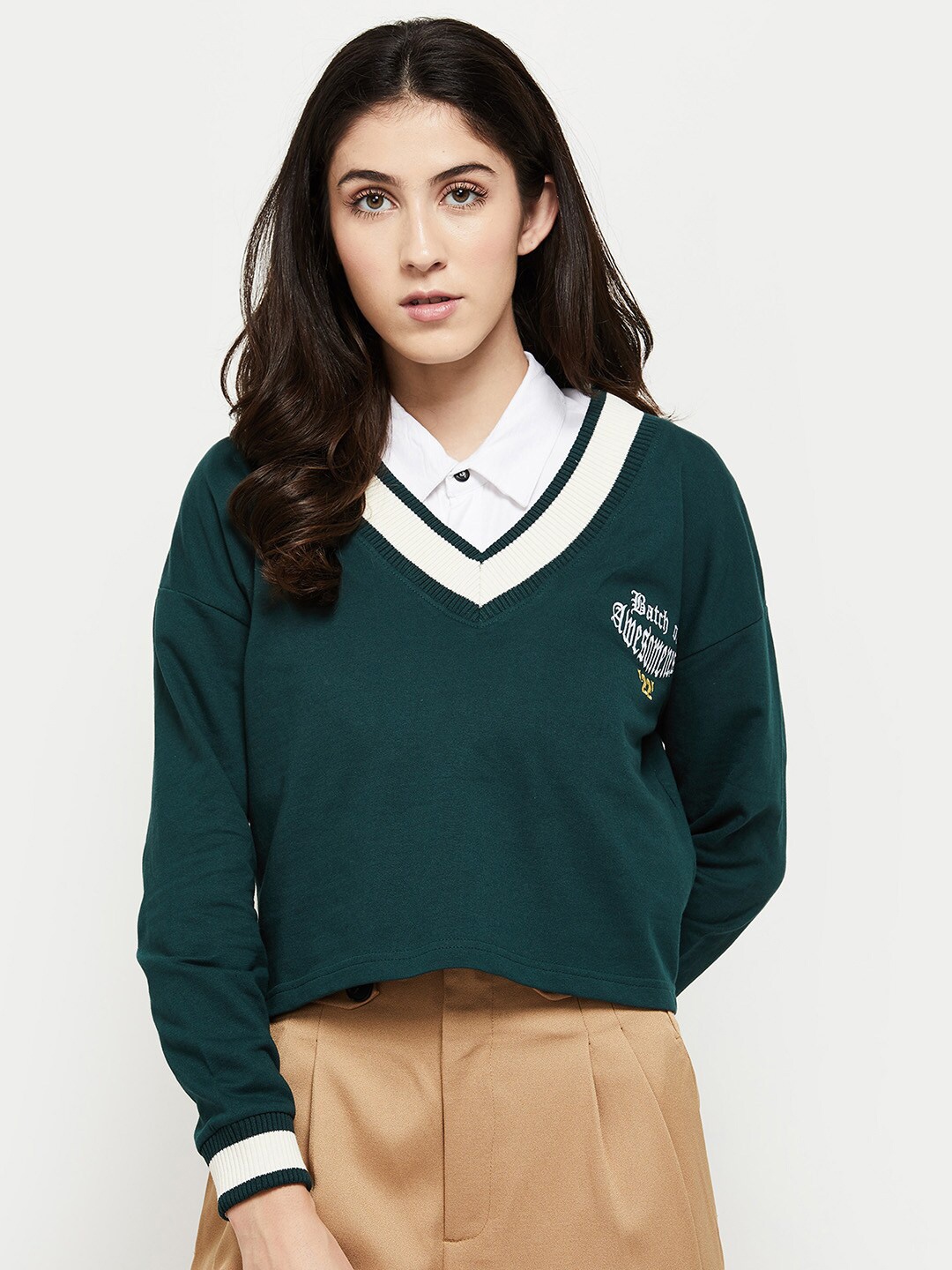 

max Women Green & White Sweater Vest
