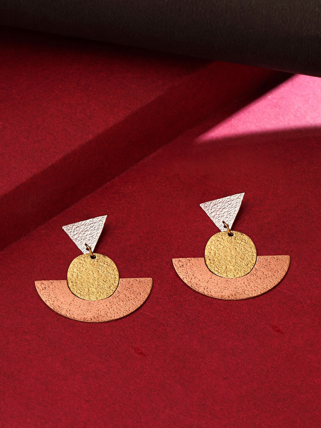 

Yellow Chimes Gold-Plated Peach-Coloured Geometrical Shape Drop Dangler Earrings, Rose gold