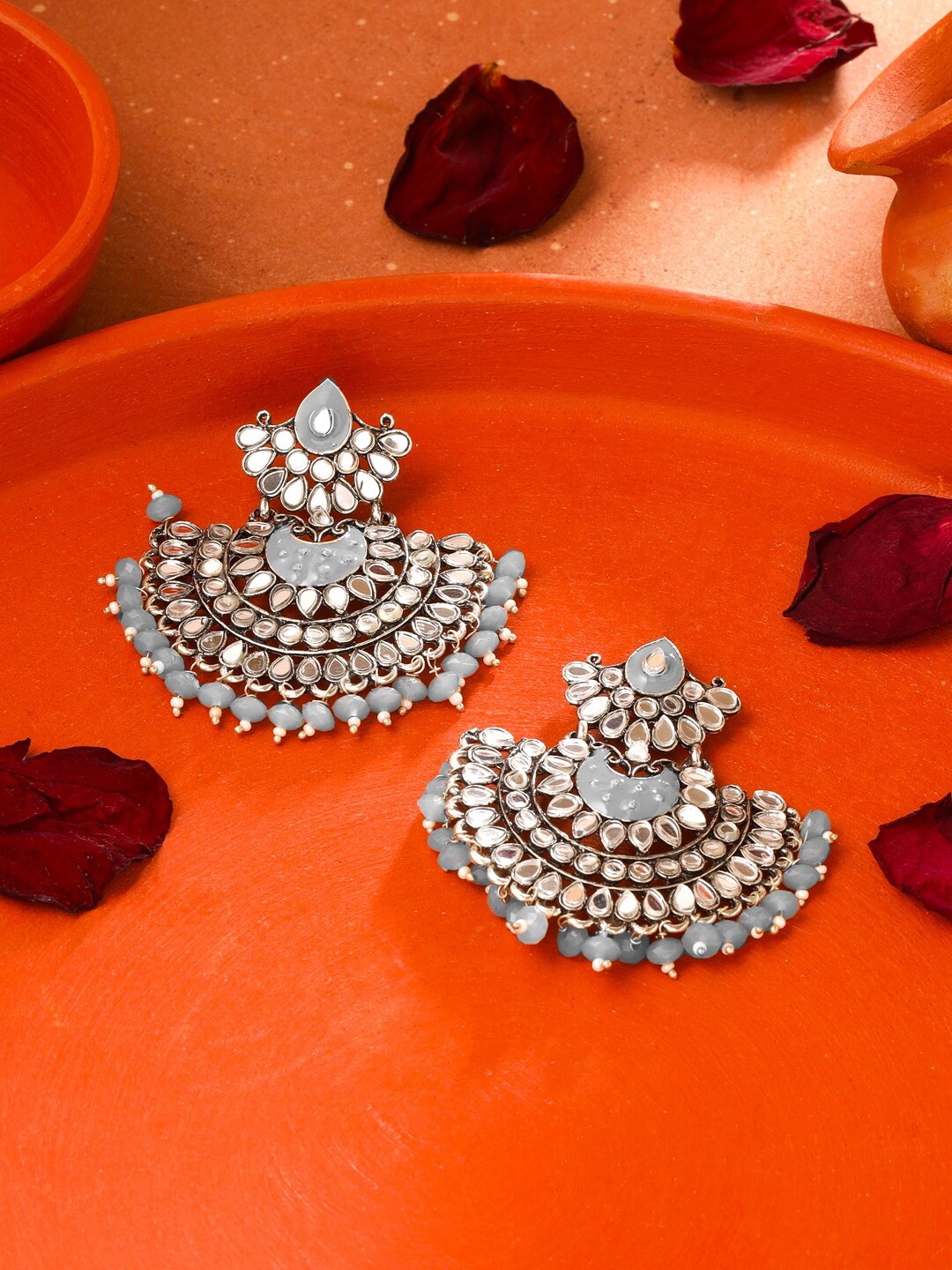 

Yellow Chimes Silver-Plated Grey Pearl and Stone Studded Chandbali Earrings