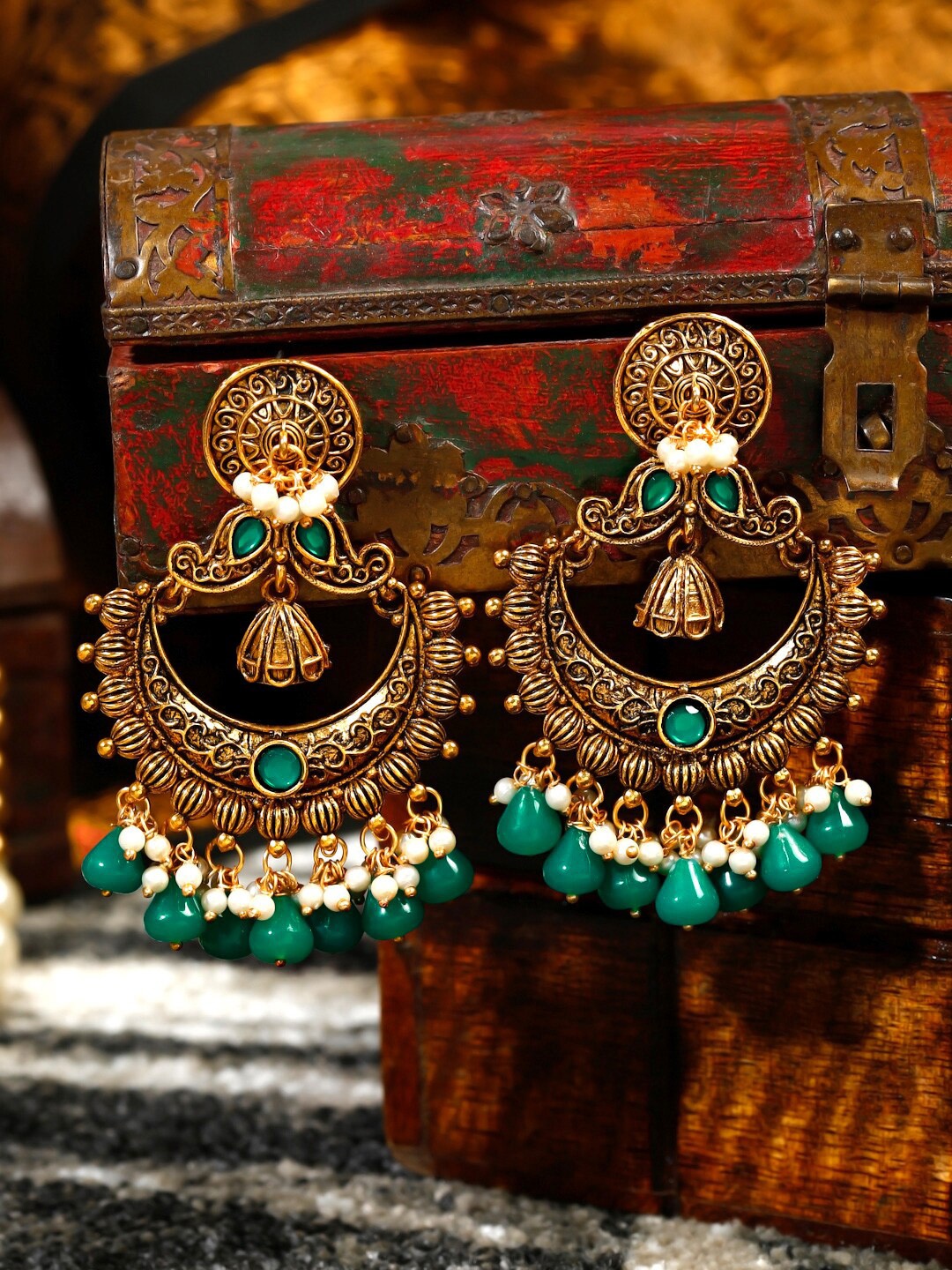 

Yellow Chimes Green Oxidised Gold Plated Peacock Designed Crystal studded Chandbalis