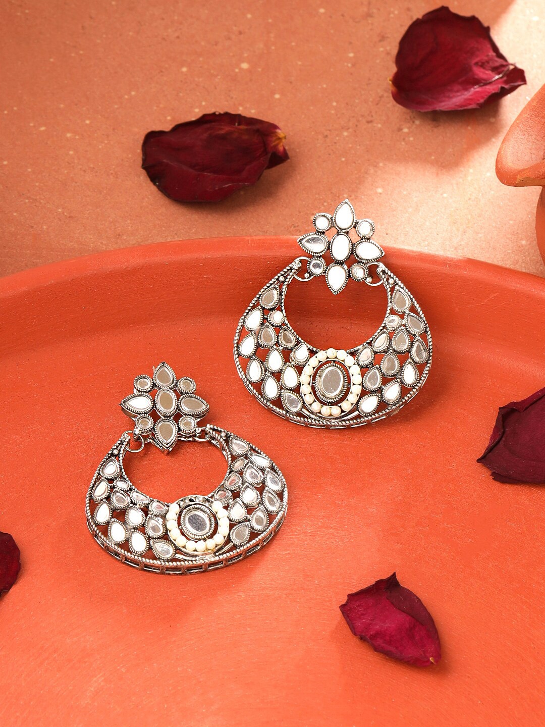 

Yellow Chimes Women Floral Design Silver-Toned Mirror Studded Chandbalis Earrings