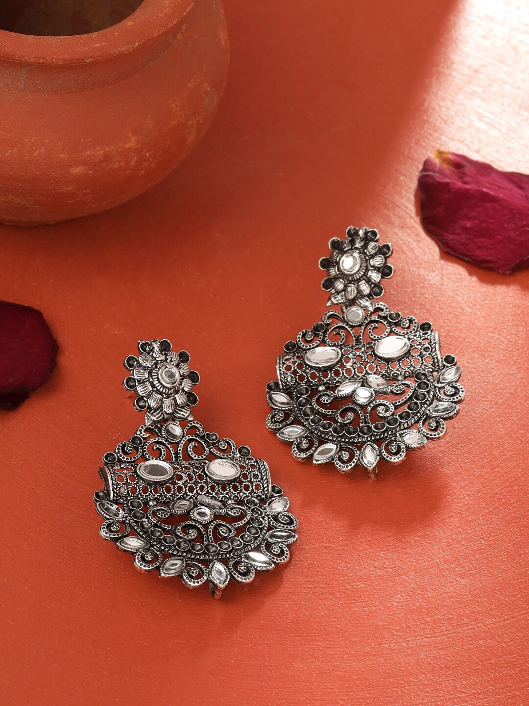 

Yellow Chimes Silver-Plated Mirror Studded Chandbali Earrings