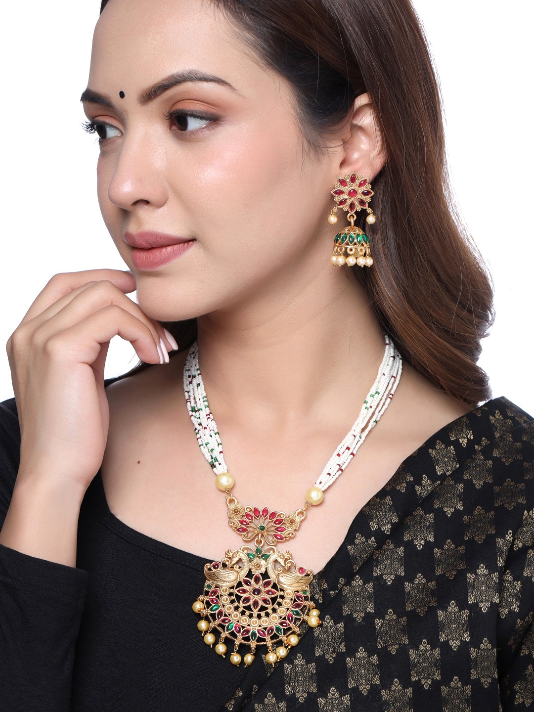 

Yellow Chimes Women Gold-Toned Adjustable Pearl and Stone Studded Necklace With Earrings