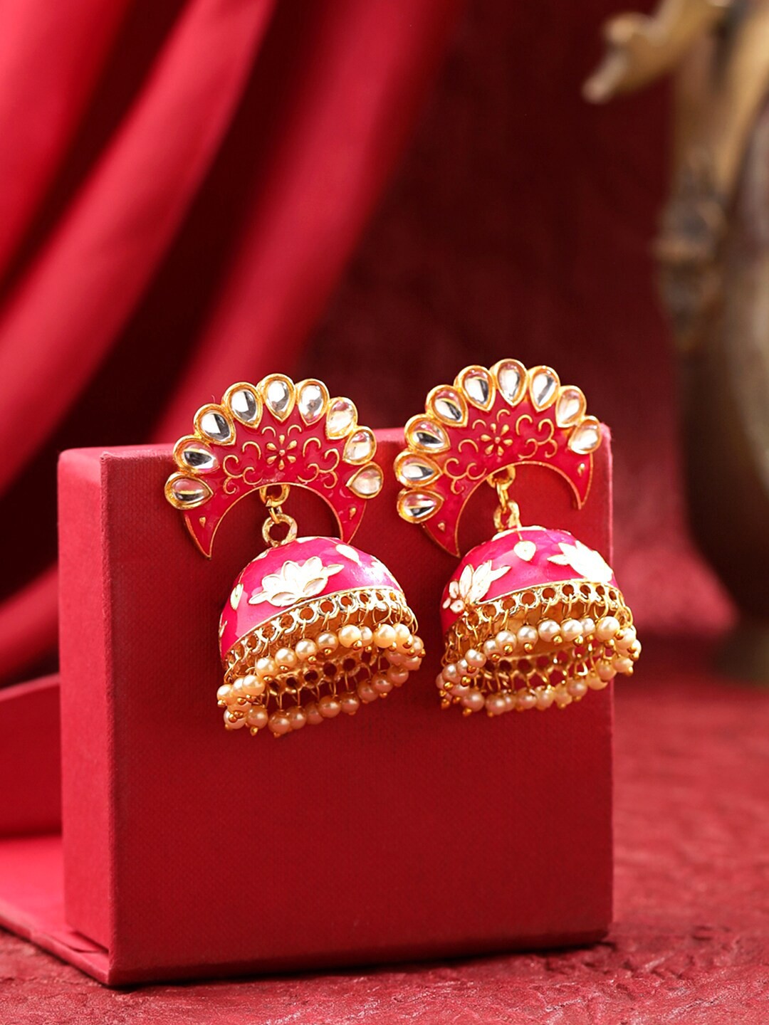 

Yellow Chimes Pink & Gold-Plated Pearl and Stone Studded Meenakari Jhumka Earrings