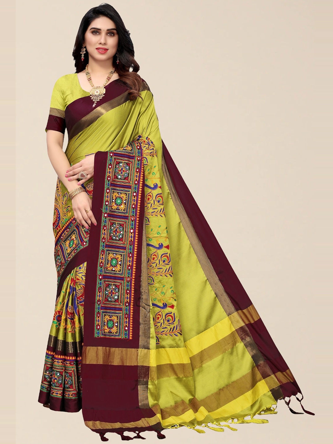 

SERONA FABRICS Yellow & Maroon Embellished Embroidered Silk Cotton Saree With Blouse Piece