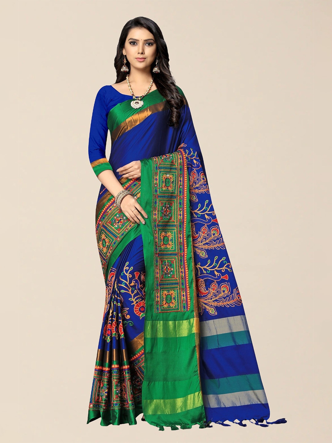 

SERONA FABRICS Blue & Green Embellished Embroidered Silk Cotton Saree With Blouse Piece