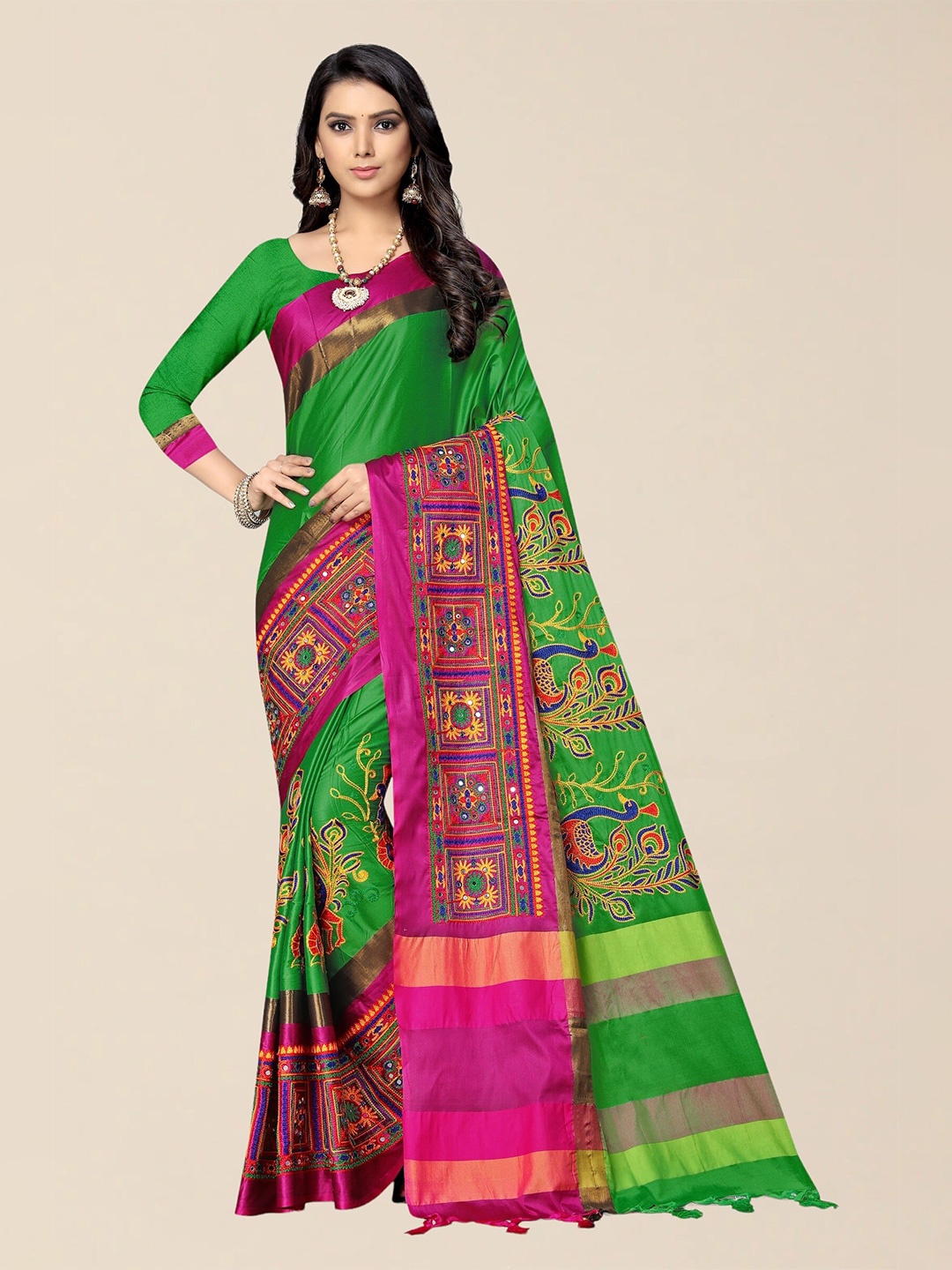 

SERONA FABRICS Green & Pink Embellished Embroidered Silk Cotton Saree With Blouse Piece
