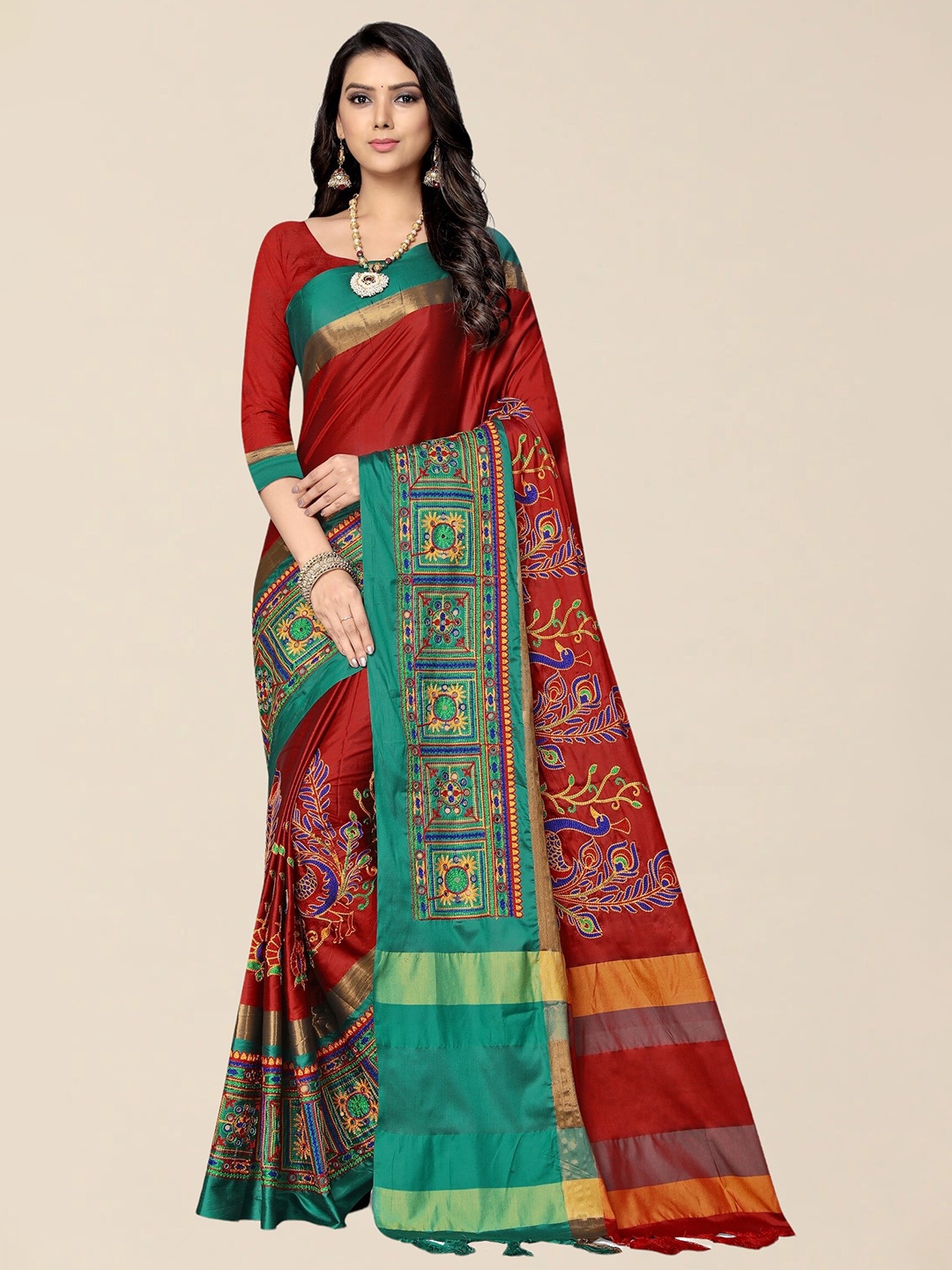 

SERONA FABRICS Red & Green Embellished Embroidered Silk Cotton Saree With Blouse Piece