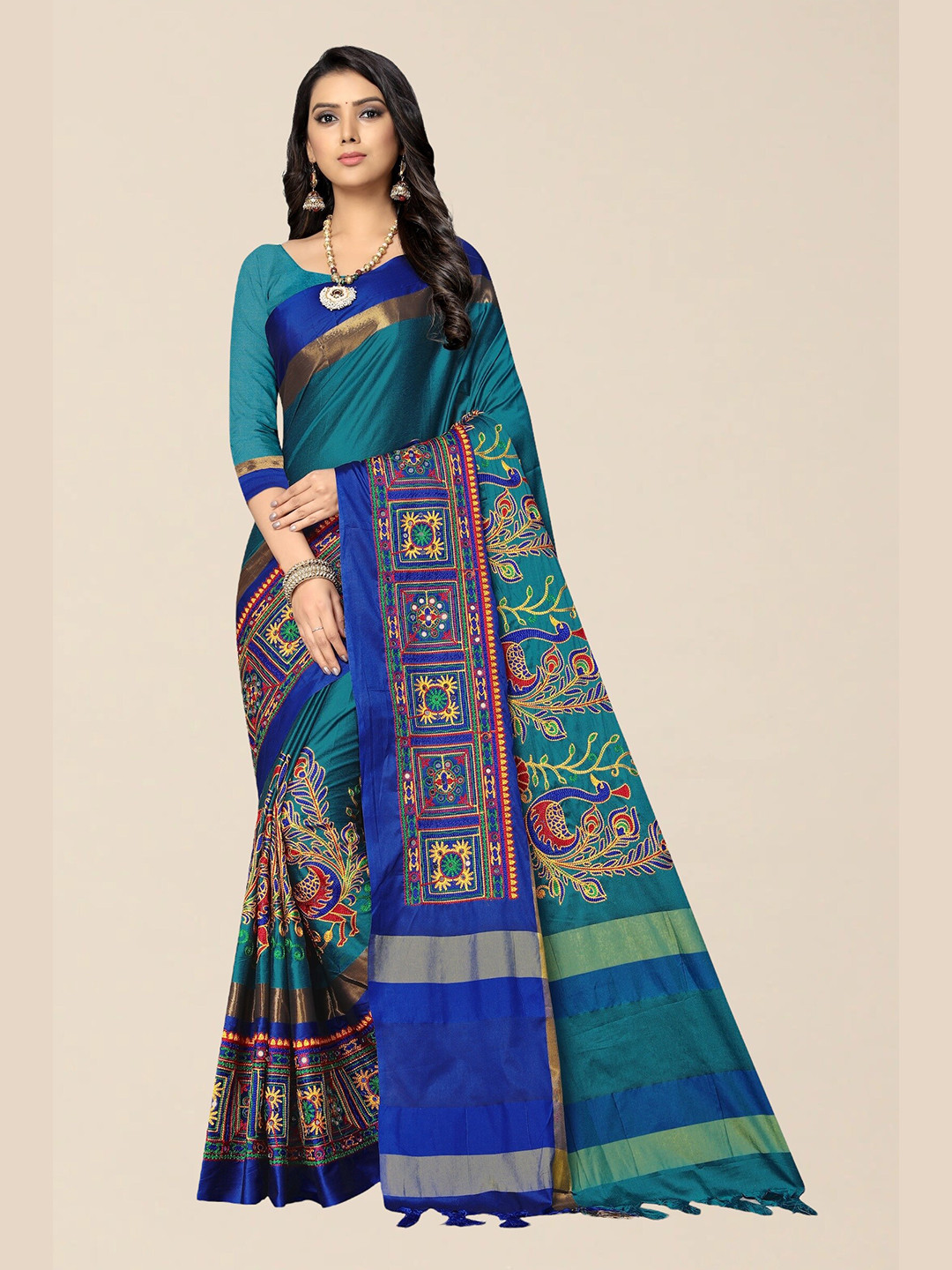 

SERONA FABRICS Turquoise Blue Embellished Embroidered Silk Cotton Saree With Blouse Piece
