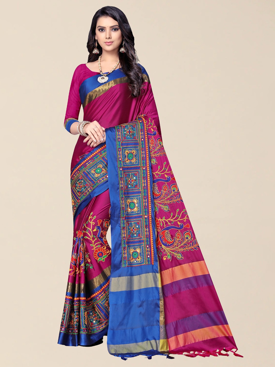 

SERONA FABRICS Pink & Blue Embellished Embroidered Silk Cotton Saree With Blouse Piece