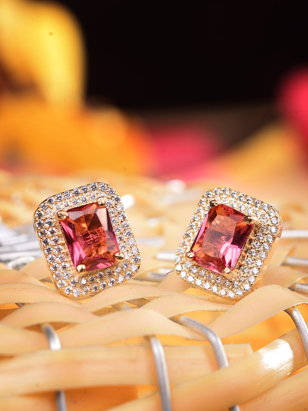 

Saraf RS Jewellery Women Gold-Plated Red Square Studs Earrings