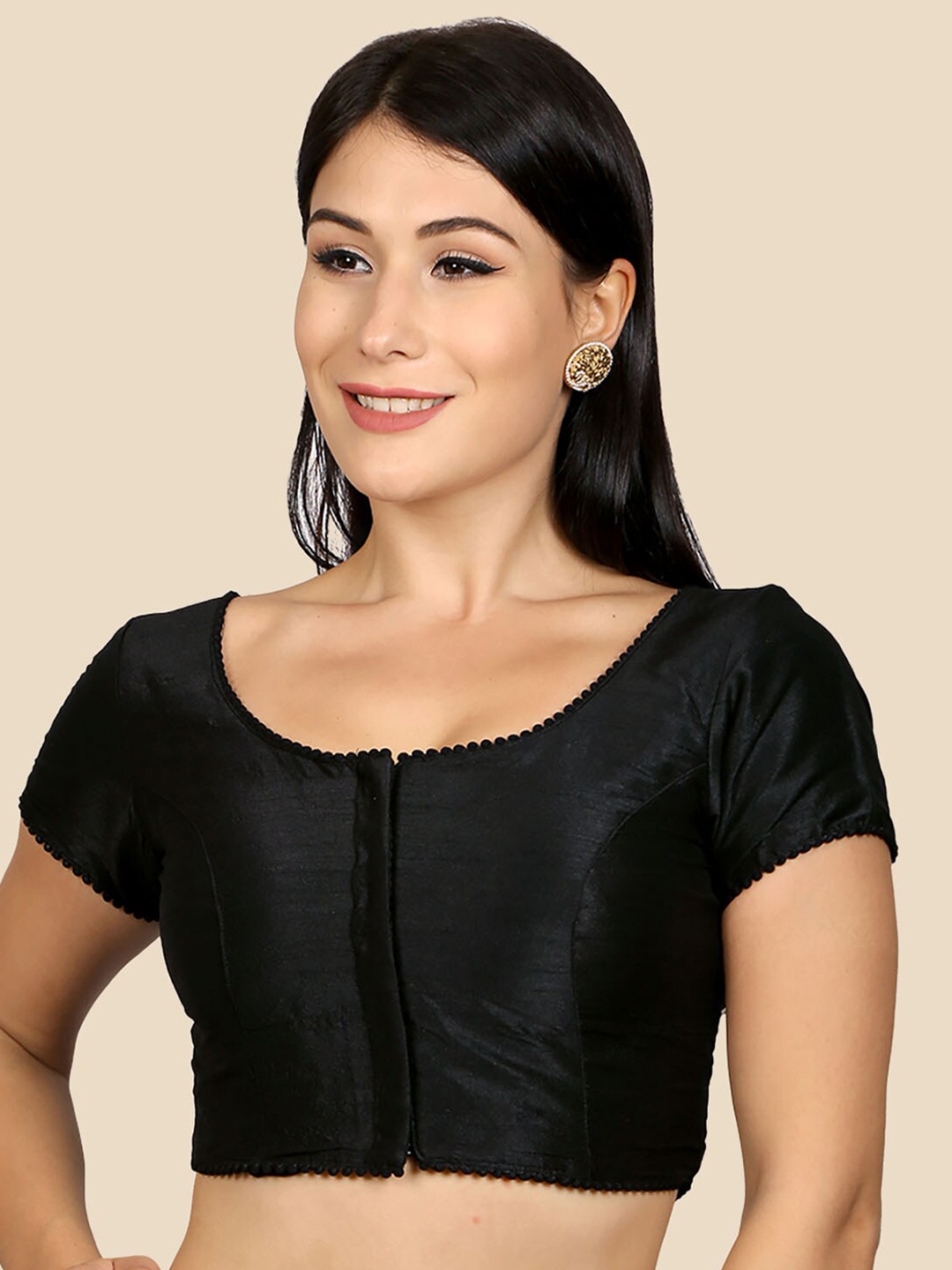 

neckbook Women Black Solid Raw Silk Saree Blouse